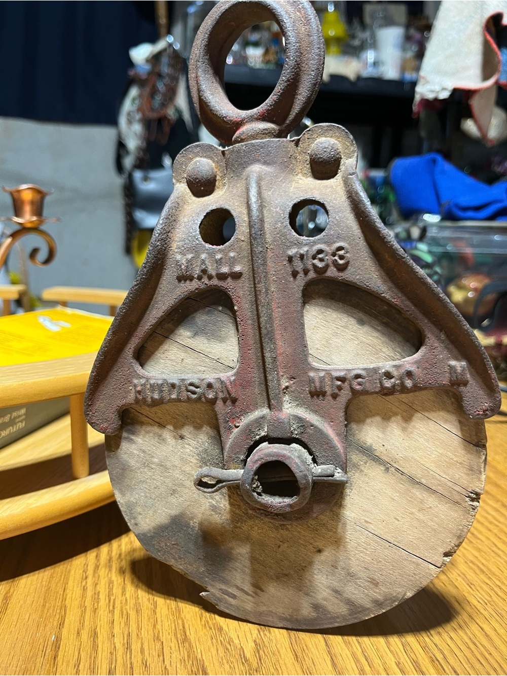 Hudson Jeans Rustic Metal & Wood Wall Pulley - Brown, Natural Wood
